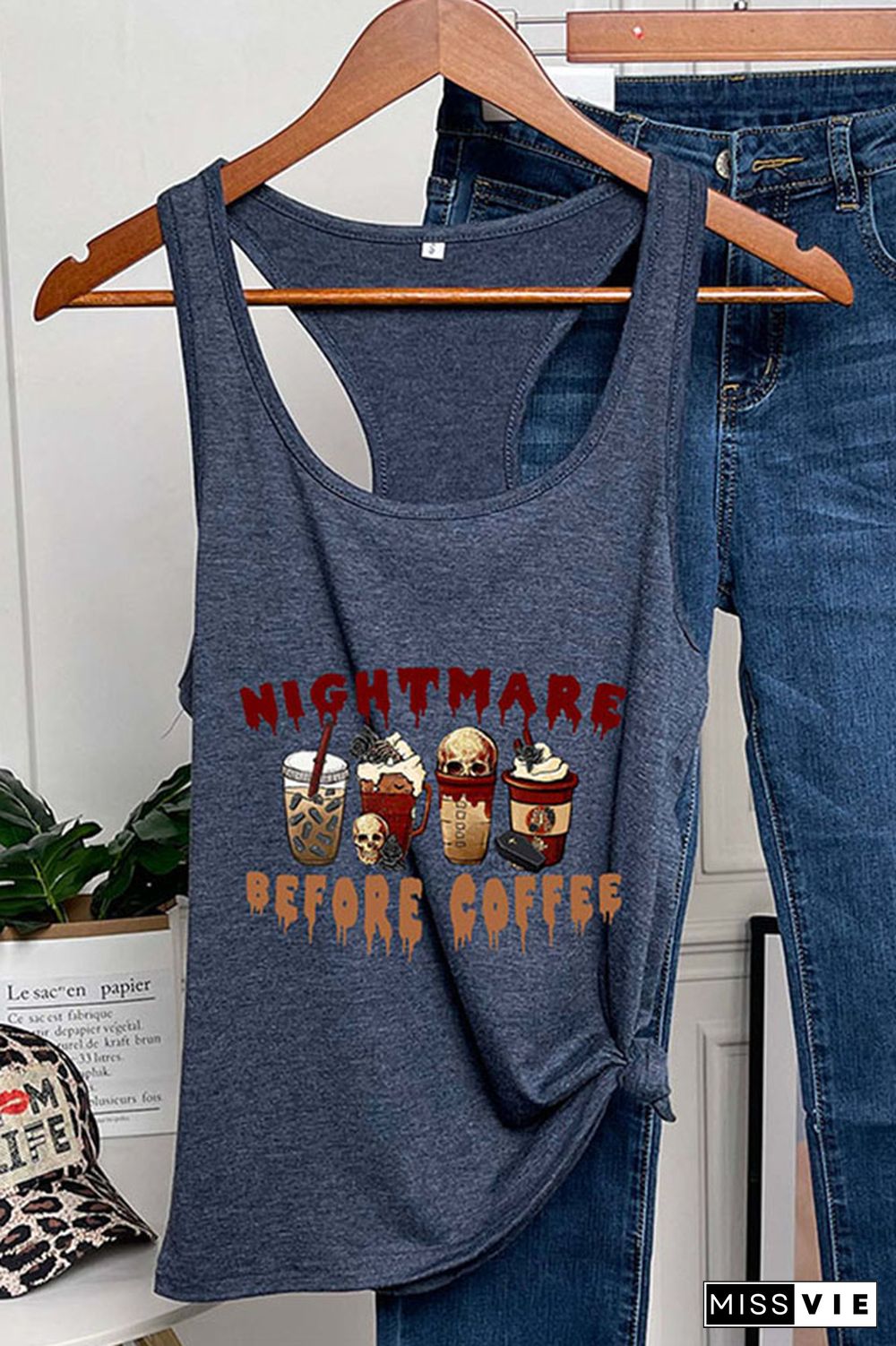 Nightmare Before Coffee Halloween Vibes O-neck Sleeveless Tank Top Wholesale