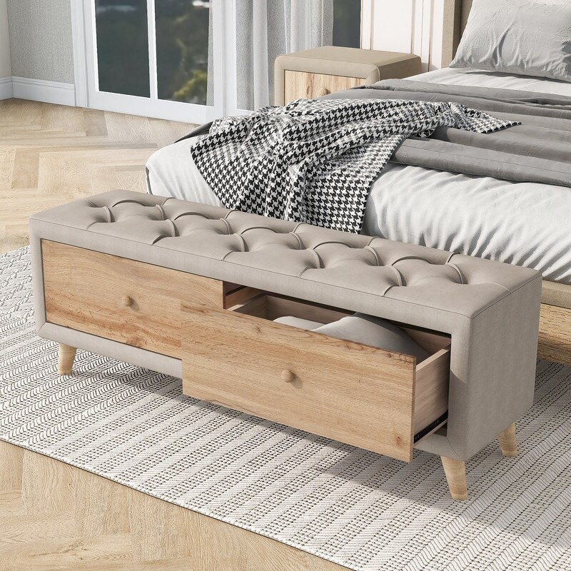 Upholstered Wooden End Of Bed Storage Bench with 2 Drawers