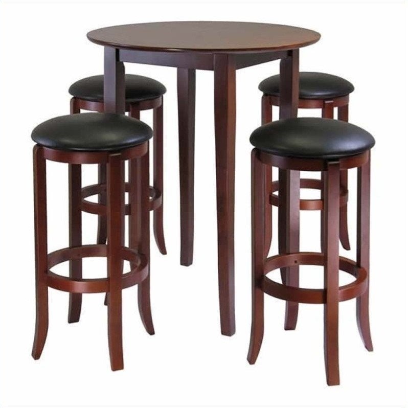 Wood Fiona 5-Pc Pub Set， High Table and 4 Cushion Seat Bar Stools， Walnut Finish