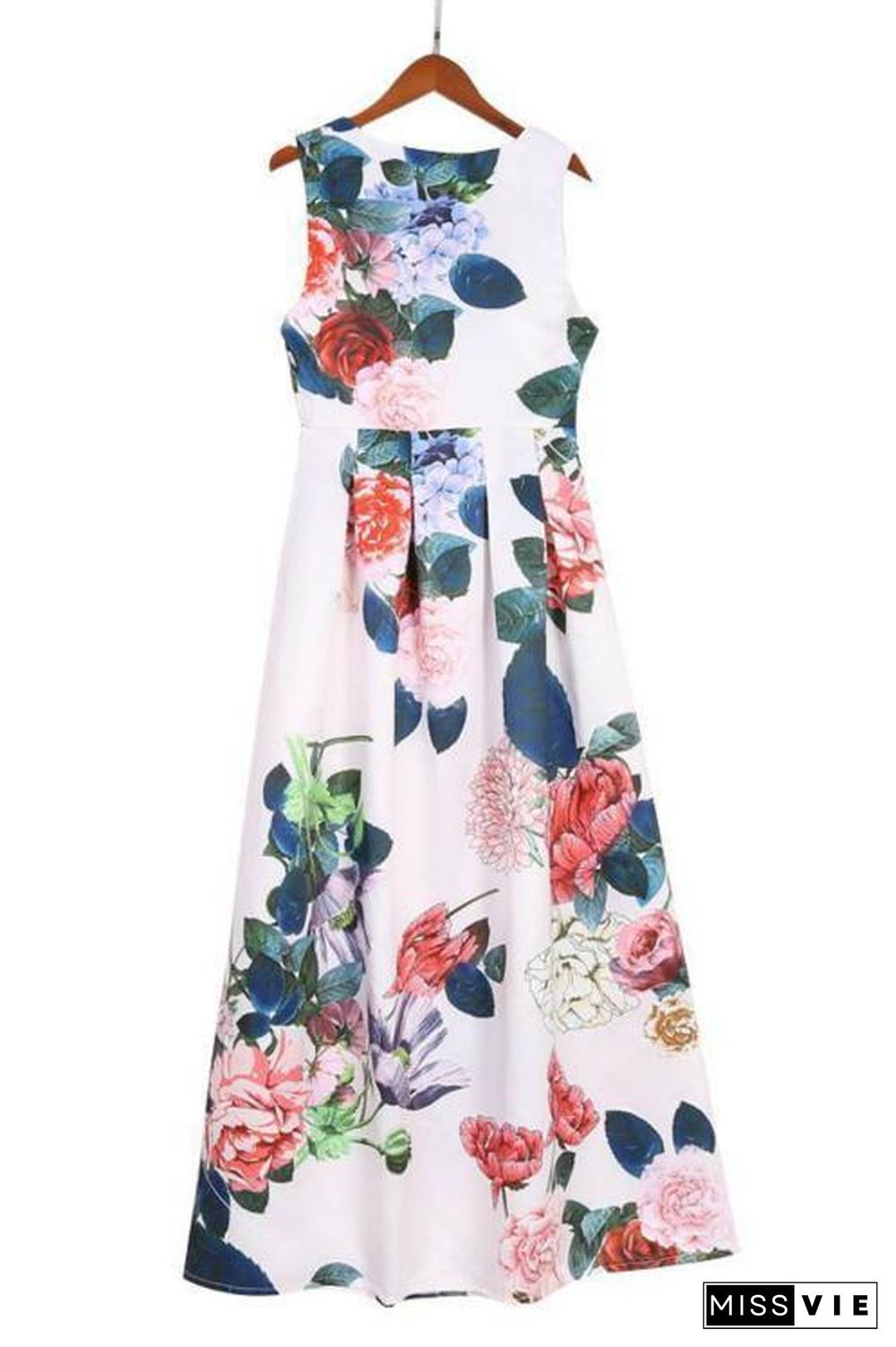 Stylish Floral Print Deep V Sleeveless Maxi Dress