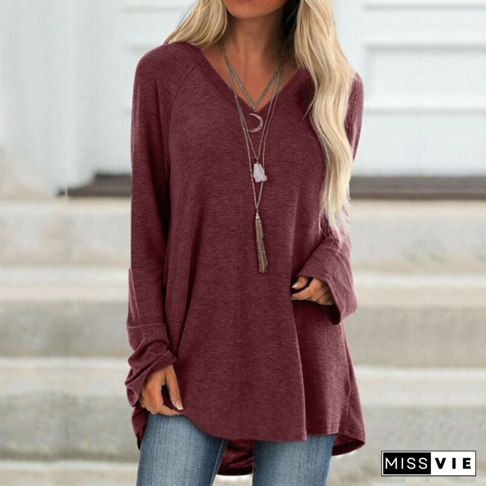 Women's Plain Long Sleeves Loose T-shirt Solid Color V Neck Pullover Tops Autumn Spring Fashion T-shirt Casual Tee