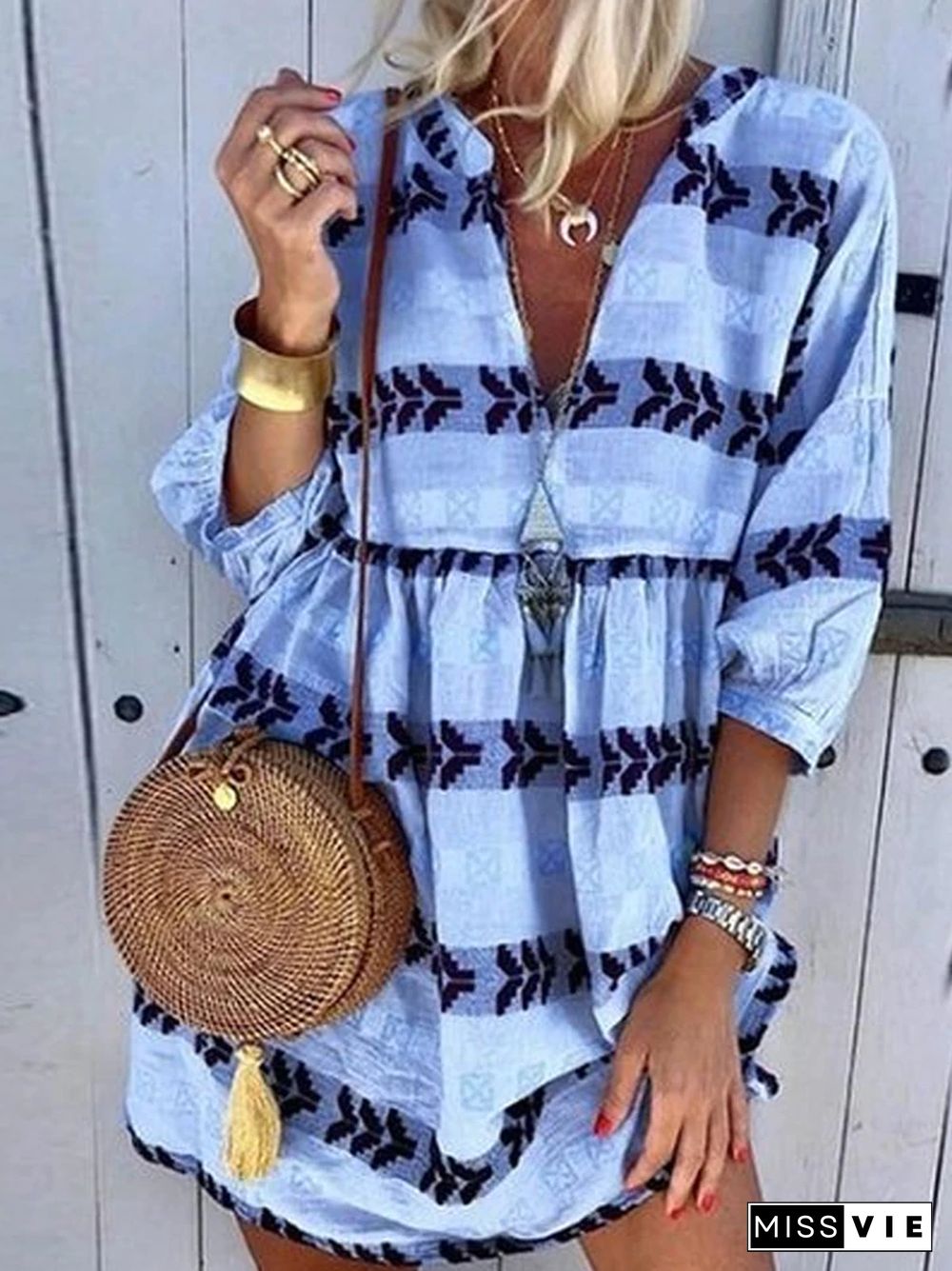 Women Casual Printed Three Quarter Sleeve Autumn Sexy V-neck Mini Party Vintage Plus Size Dresses