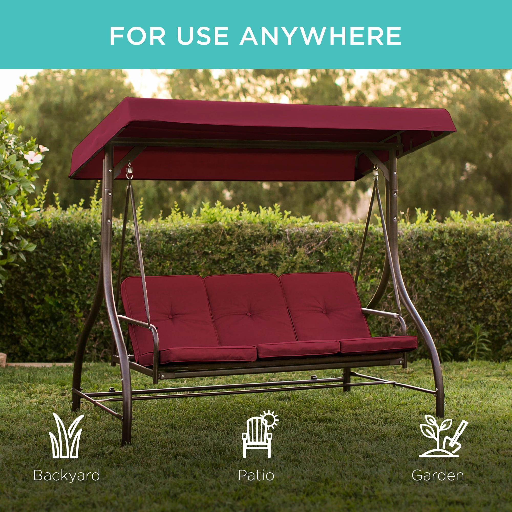 Best Choice Products 3-Seat Outdoor Converting Canopy Swing Glider Patio Hammock w/ Removable Cushions -  Burgundy