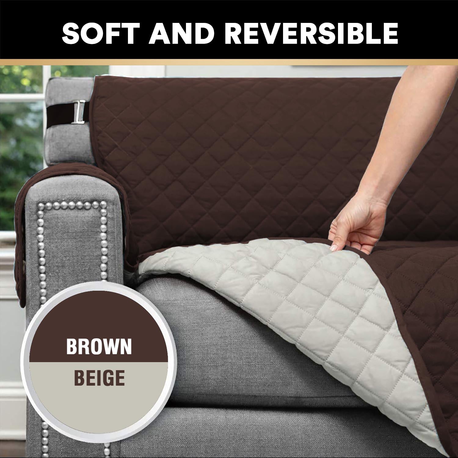 H.VERSAILTEX Reversible Sofa Slipcover Water Resistant Furniture Protector for Dogs Couch Covers with Non Slip Elastic Strap, Sofa Size, Brown/Beige