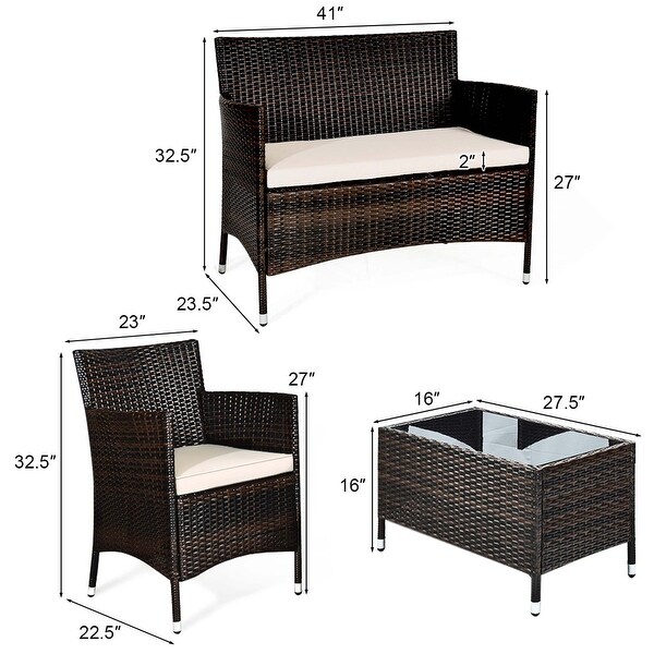 Costway 4PCS Rattan Patio Furniture Set Cushioned Sofa Chair Coffee