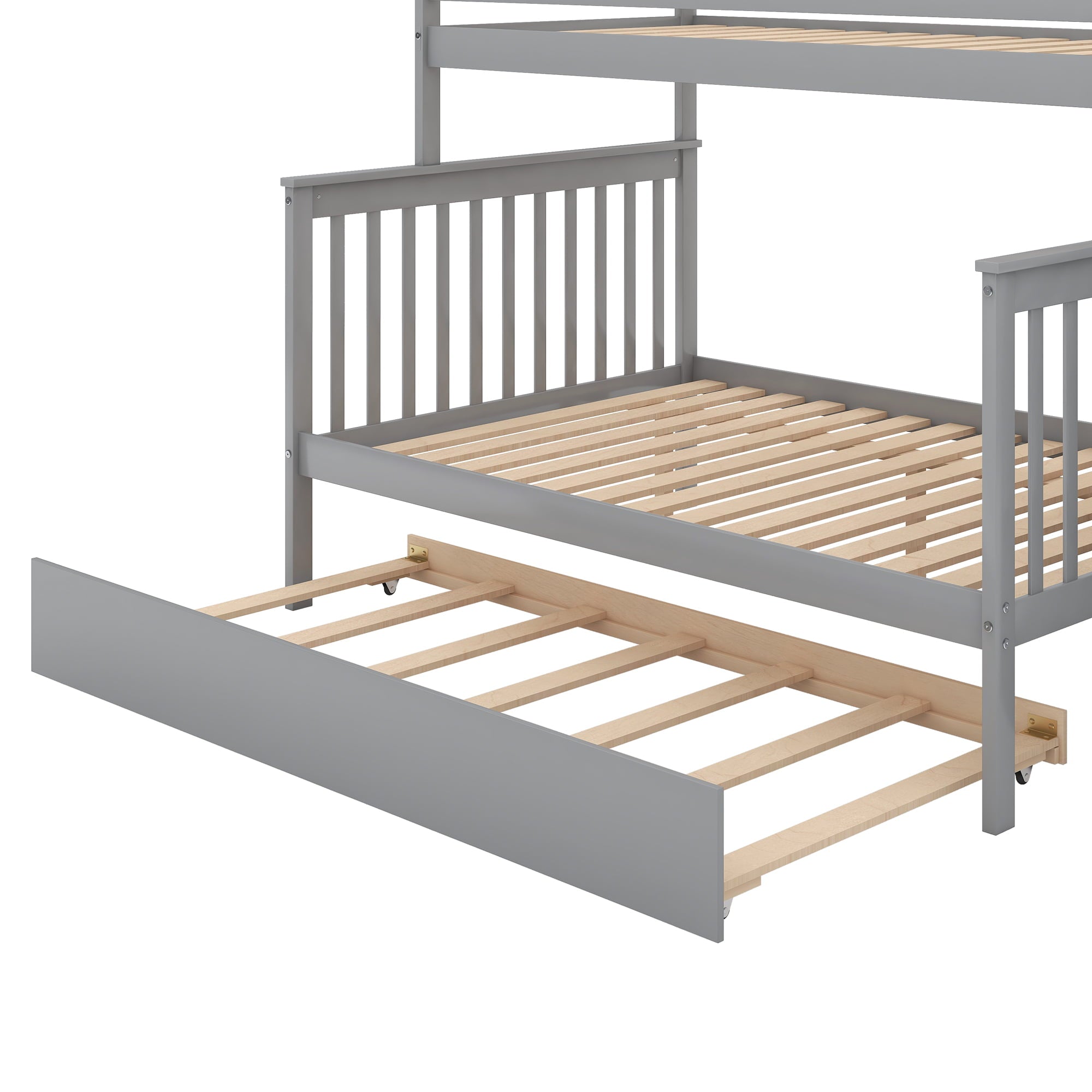 Euroco Twin Over Full Bunk Bed with Trundle and Stairs for Kids, Gray