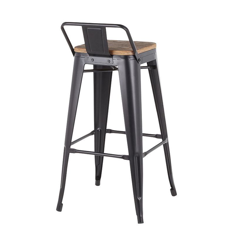 Set of 2 Oregon Industrial Black Metal and Wood-Pressed Grain Low Back Barstools 35