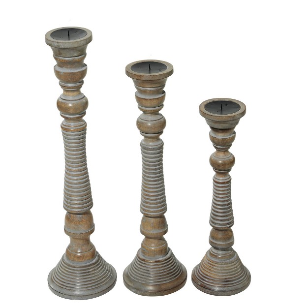 Set Of 3 Traditional Style Turned Column Wood Candle Holders Gray Olivia amp May