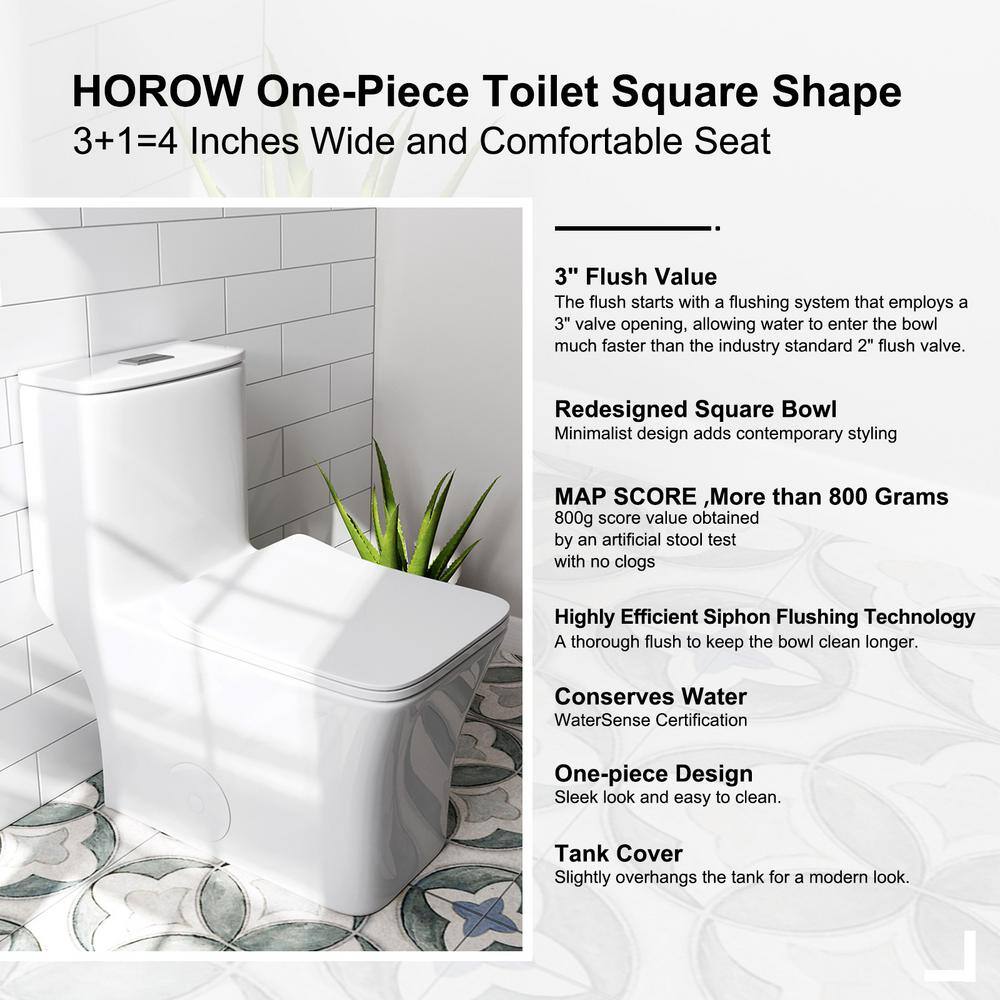 HOROW 1-piece 0.81.28 GPF Dual Flush Square Toilet in White with Seat Included HR-0413