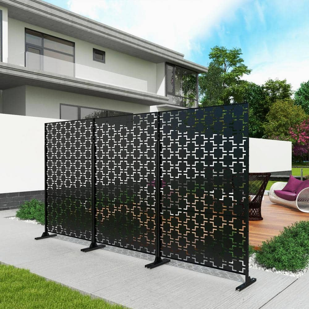 Uixe 76 in. Galvanized Steel Garden Fence Outdoor Privacy Screen Garden Screen Panels in Black OS0003-Black