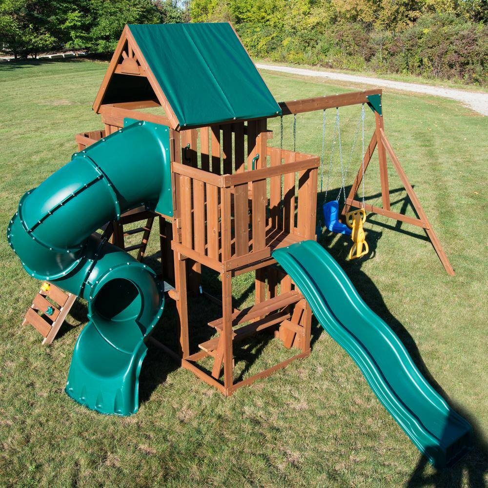 Swing-N-Slide Playsets Tellico Terrace Ready-To-Assemble Wooden Outdoor Playset with 2 slides Rock Wall Tarp Roof and Swing Set Accessories WS 8359