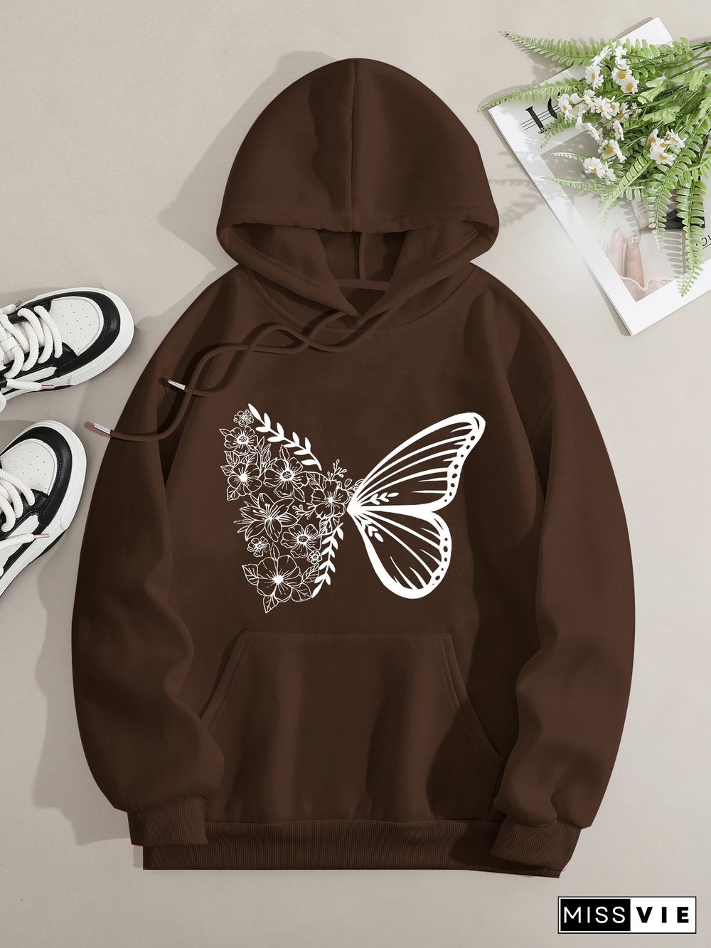 Printed on front Kangaroo Pocket Hoodie Long Sleeve for Women Pattern Butterfly