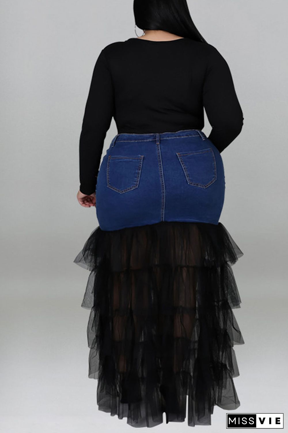 Deep Blue Fashion Solid Patchwork Flounce Plus Size(The Stitching On The Skirt Is Yellow)