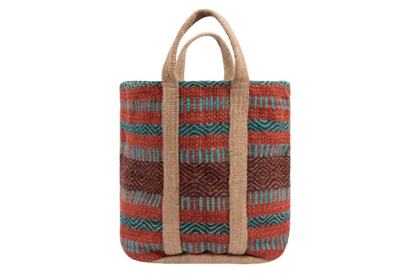 Coral and Teal Striped Jute Bag with Handles