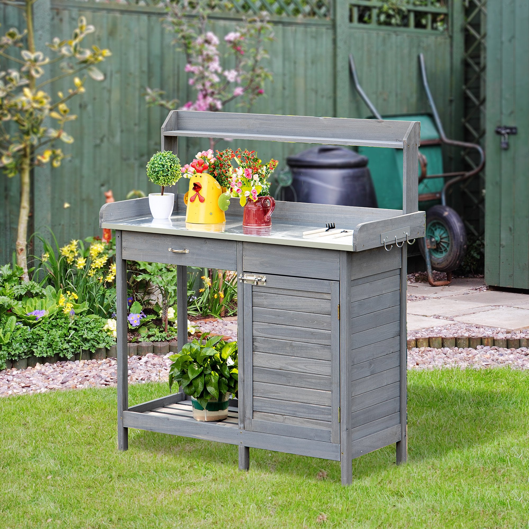 OWSOO Multi-function Potting Bench Table w/ Storage Cabinet & Steel Table , Grey