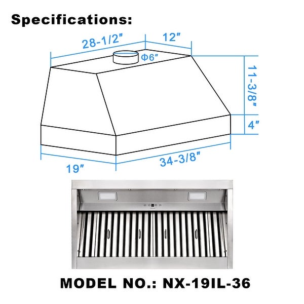 30-60Inch Insert/Built-in Range Hood， Ultra Quiet， Powerful Suction Stainless Steel Kitchen Vent Hood with Dimmable LED Light