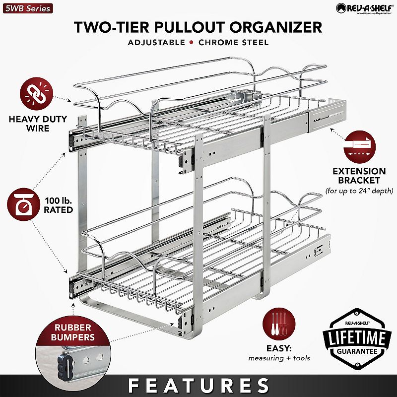 Rev-A-Shelf Kitchen Cabinet Pull Out Shelf Organizer， 12 x 22 In， 5WB2-1222CR-1