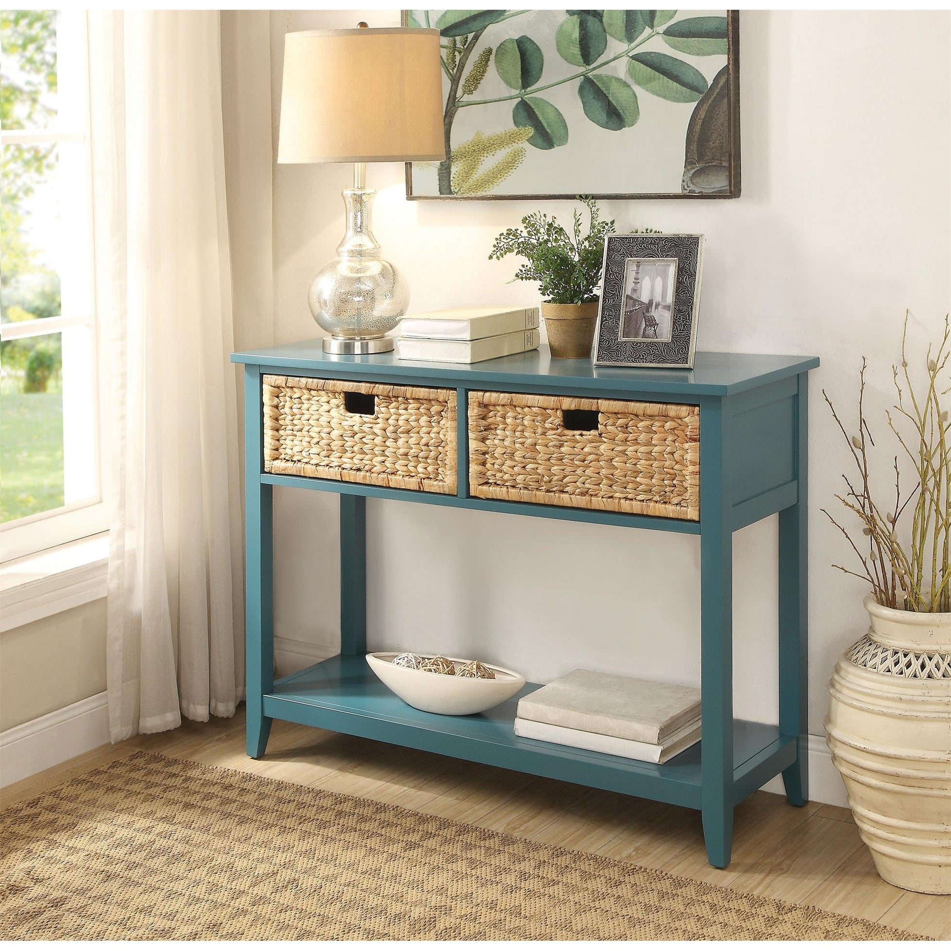 Modern Style Console Table， Sofa Table With 2 Baskets And Shelf