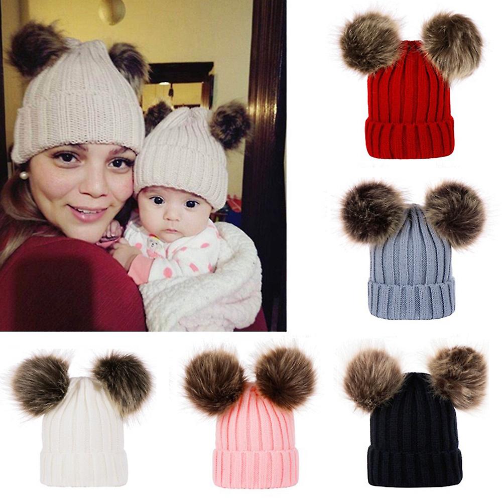 Winter Warm Women Knitted Crochet Wool Hat Double Hair Ball Earmuffs Caps Infant Toddler Kid Cute Hairball Beanie Cap White Size 2