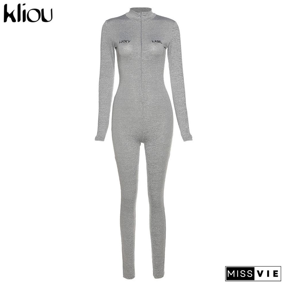 Kliou Letter Embroidery Solid Stacked Zipper Jumpsuits Women Autumn Rompers V-Neck High Waist Elastic Female Sporty Streetwear