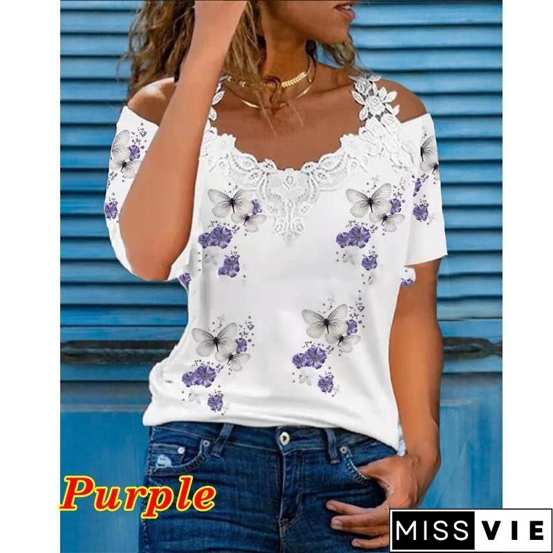 Casual Floral Short Sleeve V Neck Plus Size Printed Tops T-shirts