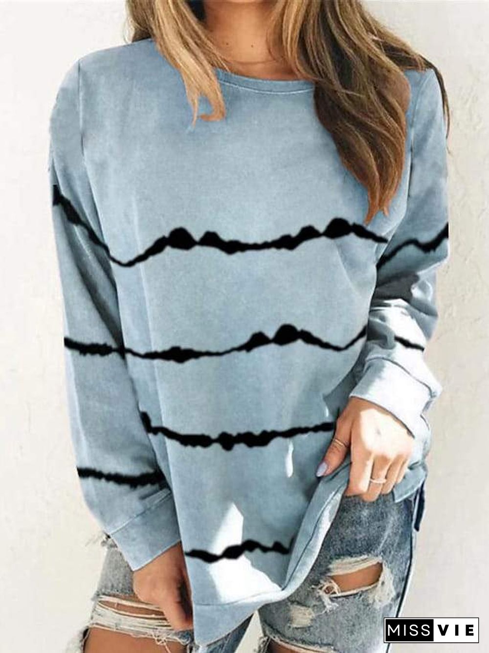 Women's Plus Size Tops T Shirt Print Striped Large Size Round Neck Long Sleeve Big Size