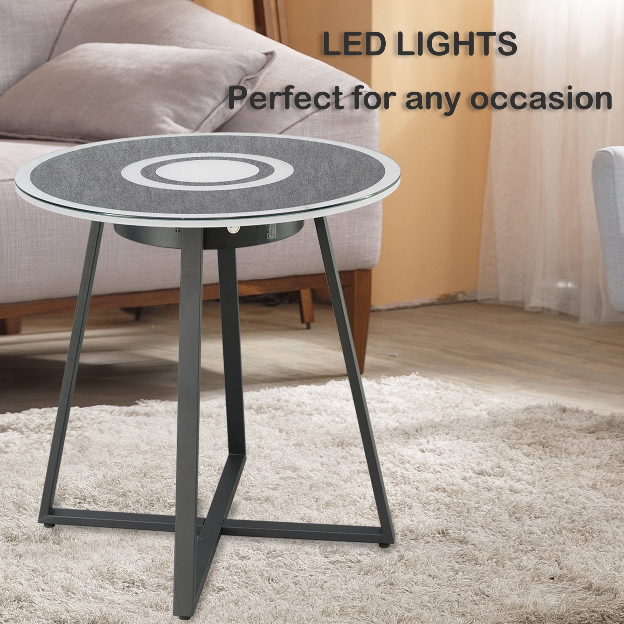 Modern Smart Side Round Coffee Table with USB and LED 5 lights and Bluetooth in Glass