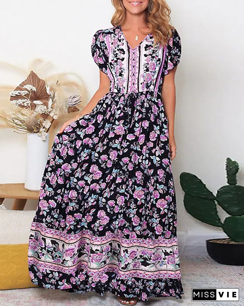 Casual Vintage Boho Print Dress