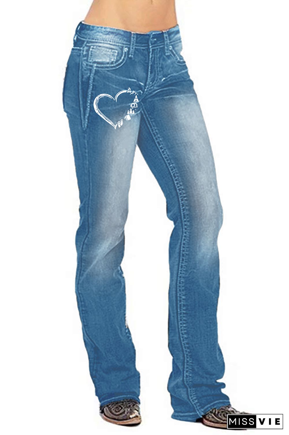 Camp Lover Print Straight Wash Jeans Pants