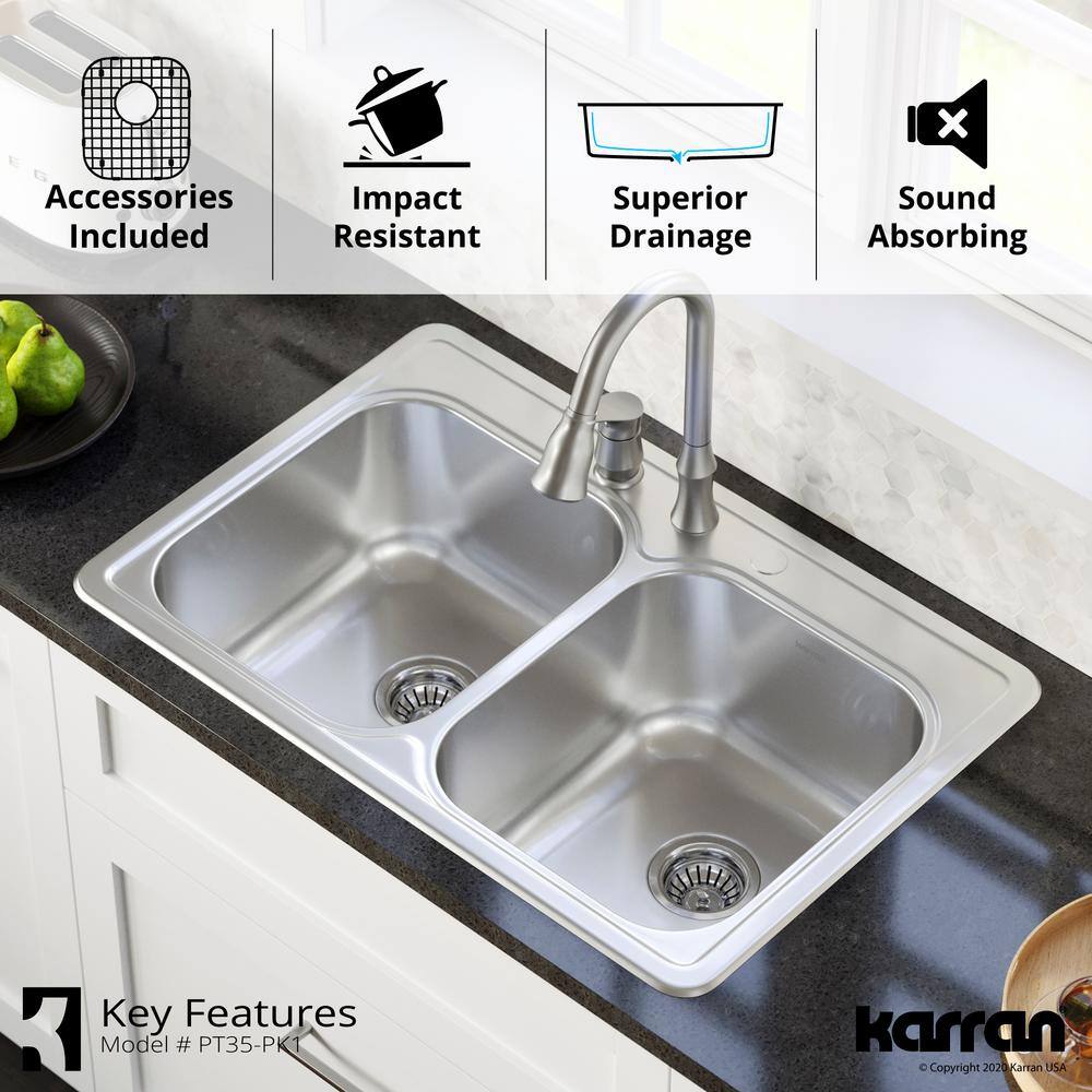 Karran PT35 18-Gauge Stainless Steel 33 in. Double Bowl Drop-In Kitchen Sink Kit PT35-PK1