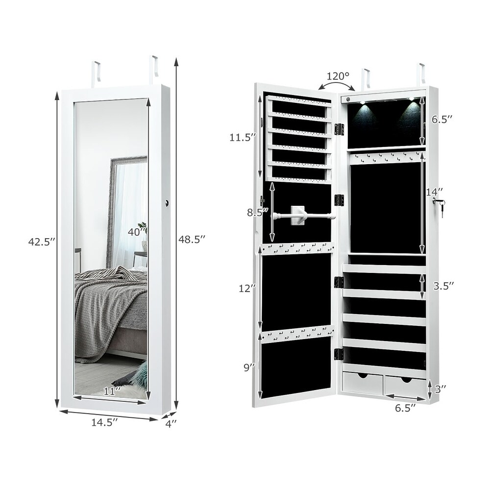 Costway Wall Mount Mirrored Jewelry Cabinet Organizer w/LED Lights