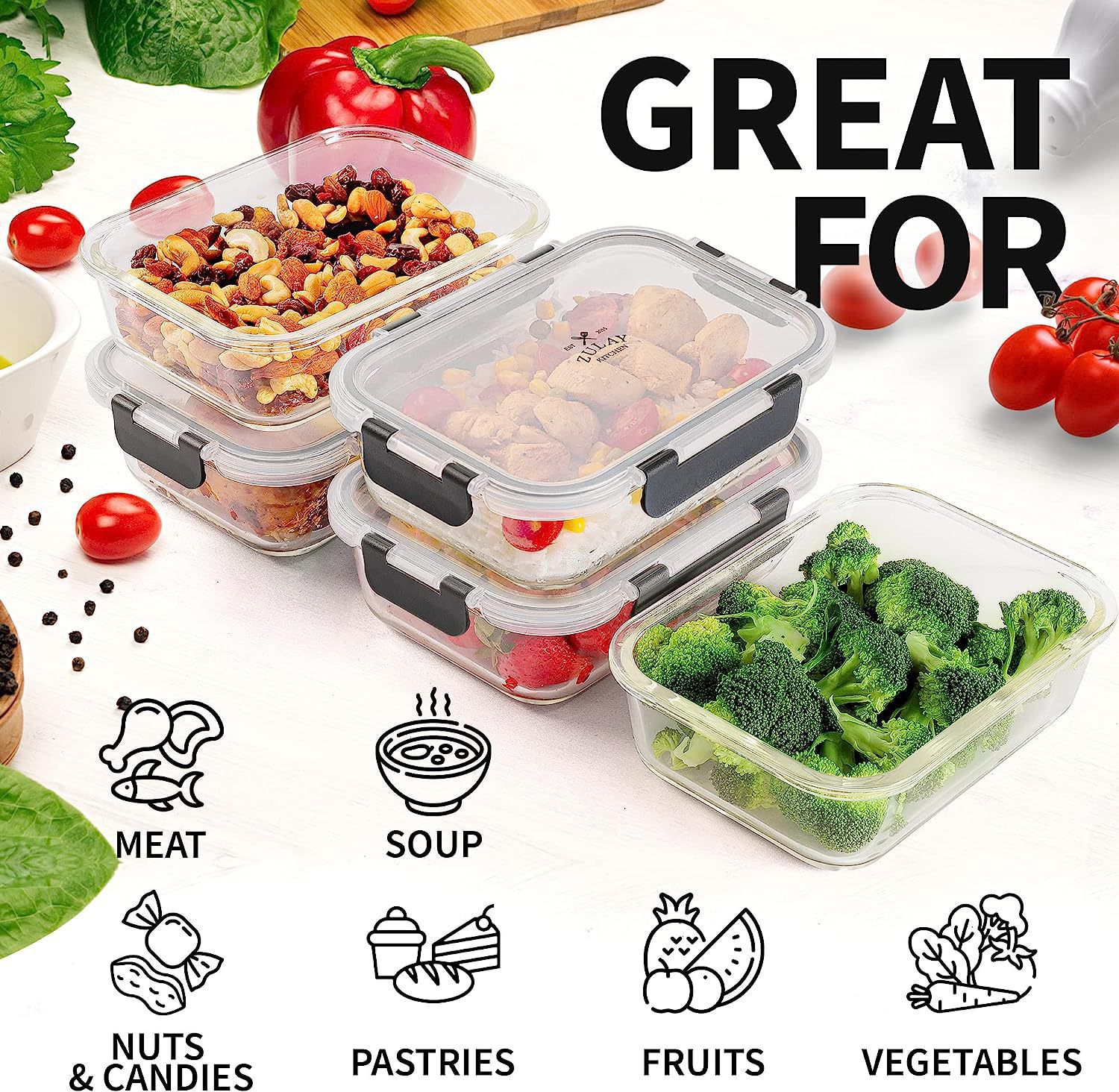 5 Pack Leak-Proof Glass Food Storage Containers