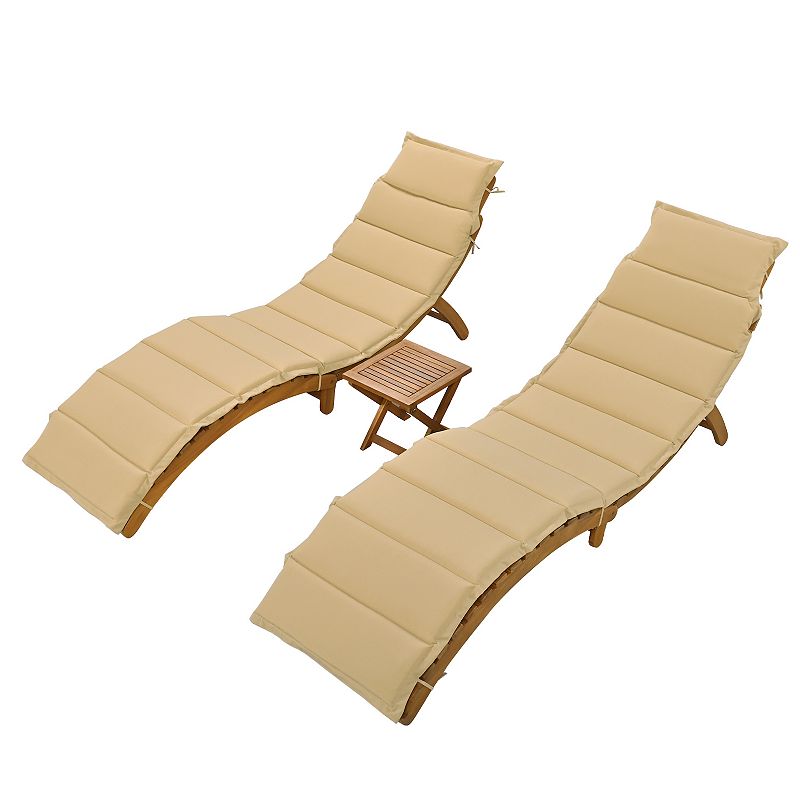 Merax Outdoor Patio Wood Portable Extended Chaise Lounge Set with Foldable Tea Table