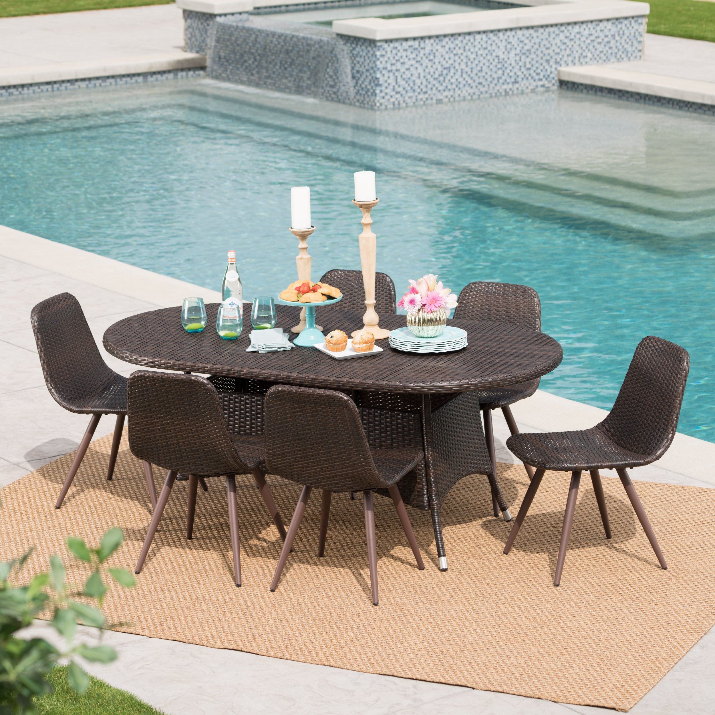 Allens Outdoor 7 Piece Multi-brown Wicker Oval Dining Set