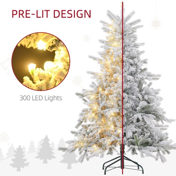 HOMCOM 6ft Prelit Snow Flocked Artificial Christmas Tree with Warm White LED Light and 1321 Tips，Metal Base