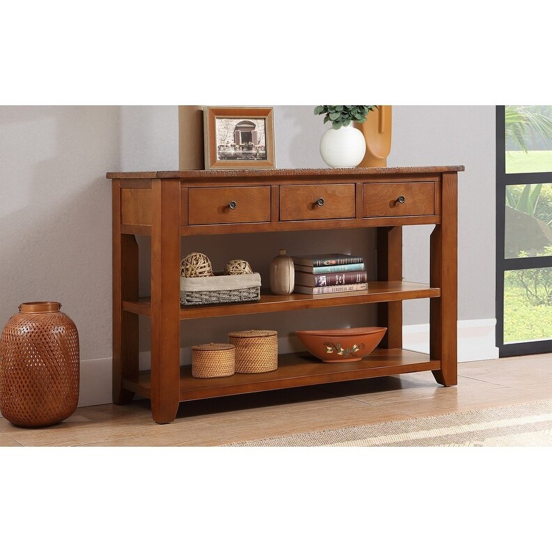 48'' Solid Pine Wood Top Console Table， Modern Entryway 3-drawer Sofa Side Table