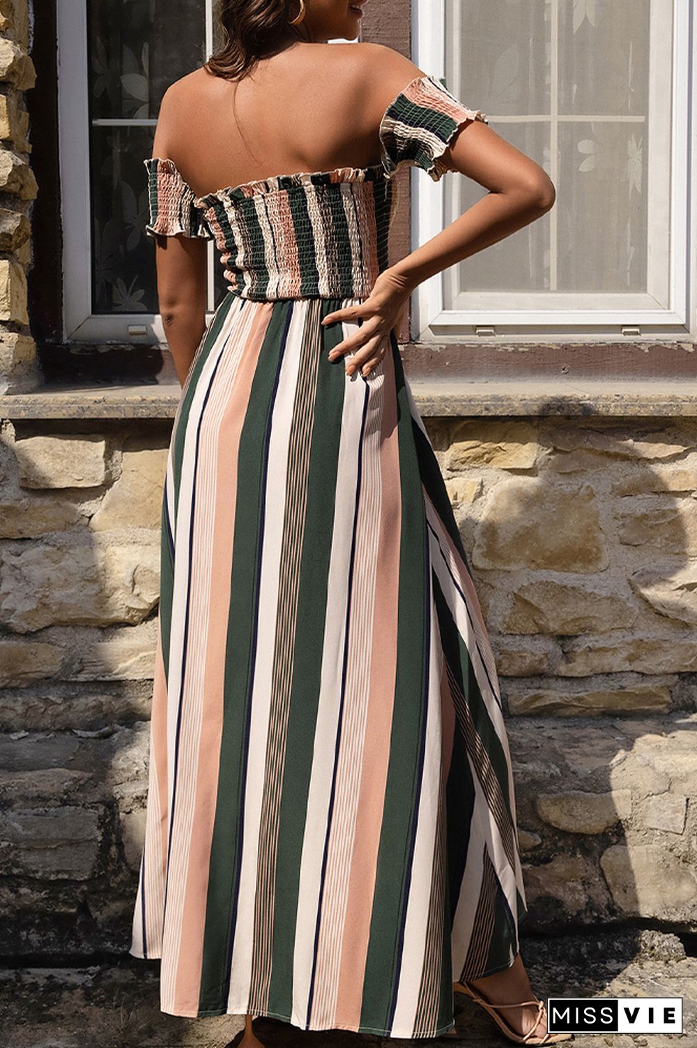 Off Shoulder Striped Slit Maxi Dress Wholesale