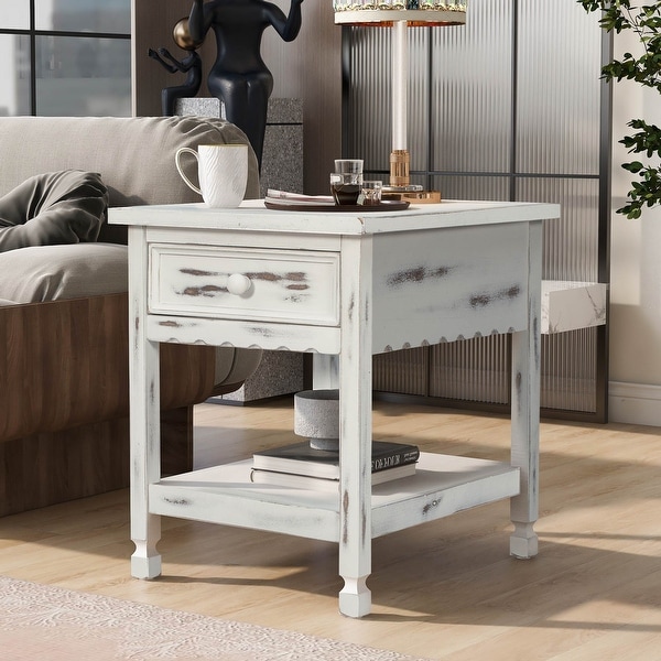 Open Shelf End Table，Narrow Side Table with Drawer for Living Room