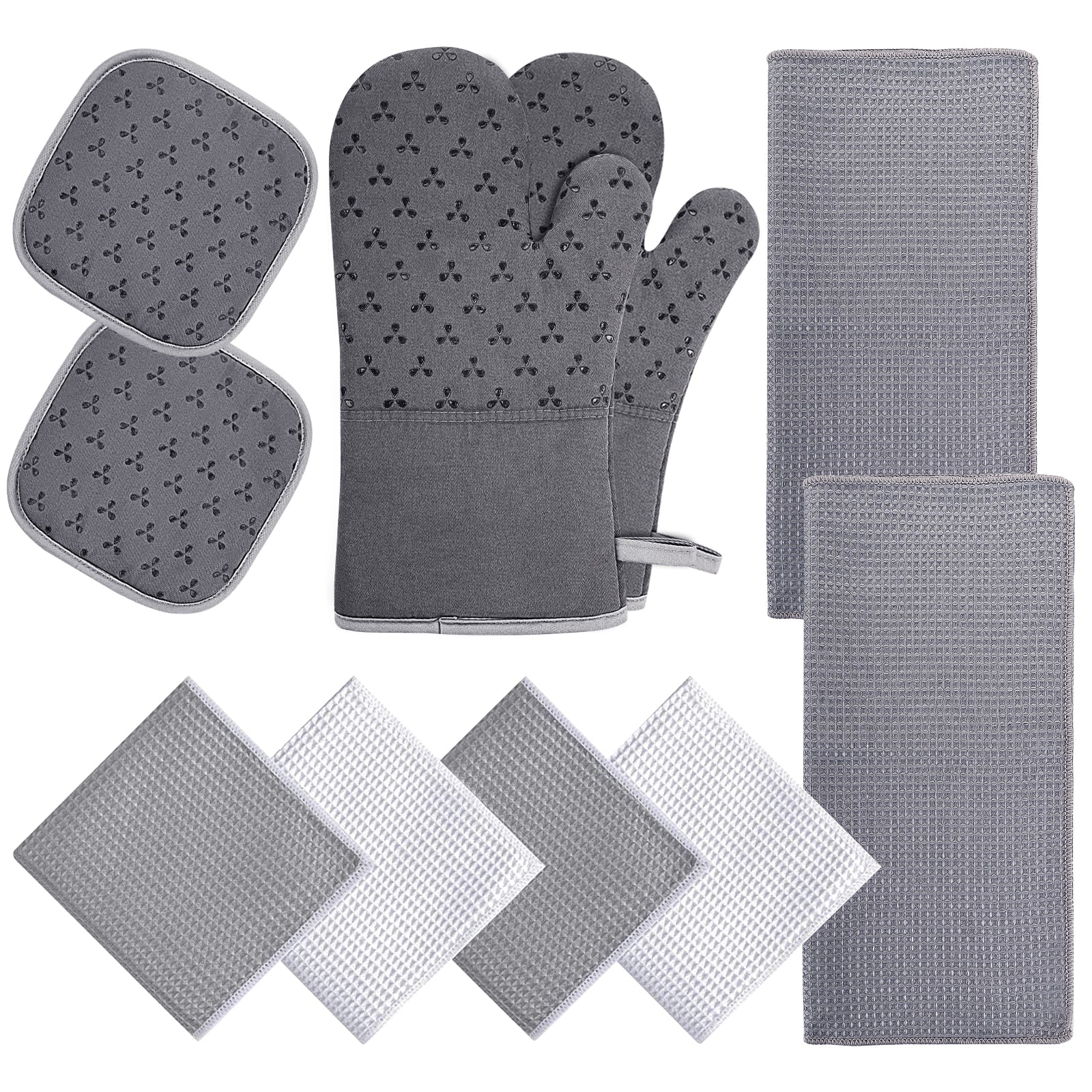 LOAOL 10 Pieces Oven Mitts Sets and Pot Holders Towel Set， Heat-Resistant Kitchen Oven Gloves， Grey