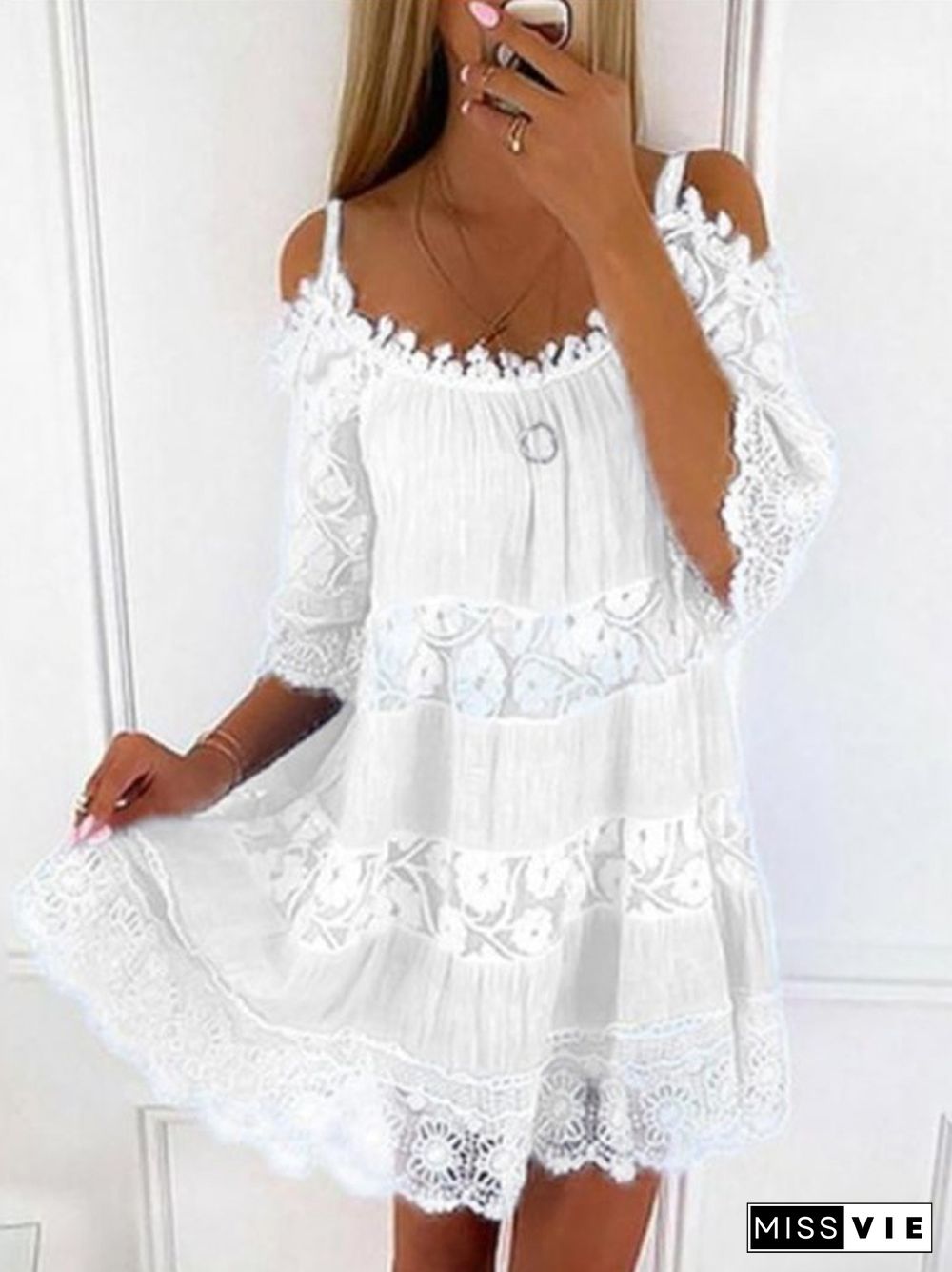 Lace Patchwork Suspender Flower Girdle Casual Solid Loose Dress White Dresses