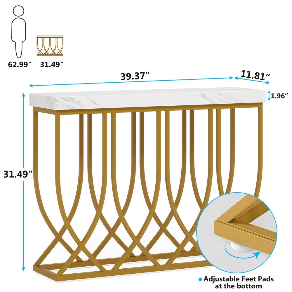 Faux Marble Console Table  39.4 in Modern Entryway Table with Gold Geometric Legs