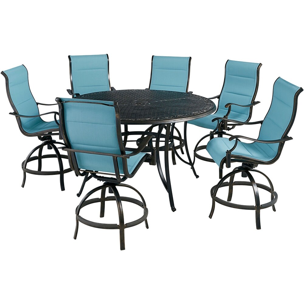 Hanover Traditions 7 Piece High Dining Set in Blue with 6 Padded Swivel Counter Height Chairs and 56 in. Cast top Table