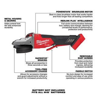 MW M18 FUEL 18V Lithium-Ion Brushless Cordless 5 in. Flathead Braking Grinder with Paddle Switch No-Lock (Tool-Only) 2886-20