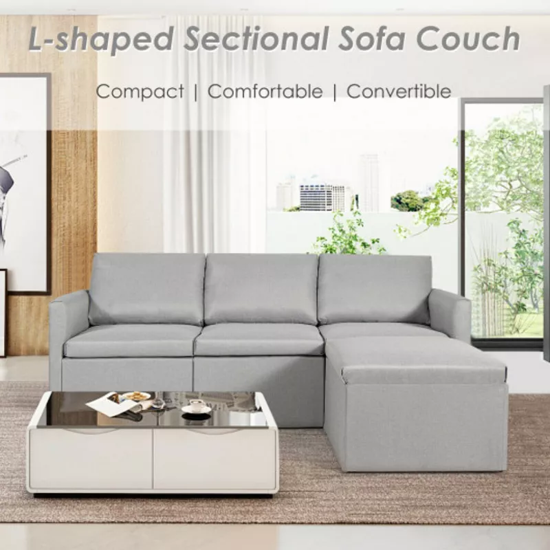 Convertible L-Shaped Sectional Sofa Couch with Reversible Chaise-Light Gray