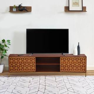 THE URBAN PORT Kalyn Brown and Brass Acacia Wood Handcrafted TV Media Console Entertainment Center Fits TVs up to 78 in. with 2 Doors UPT-276810