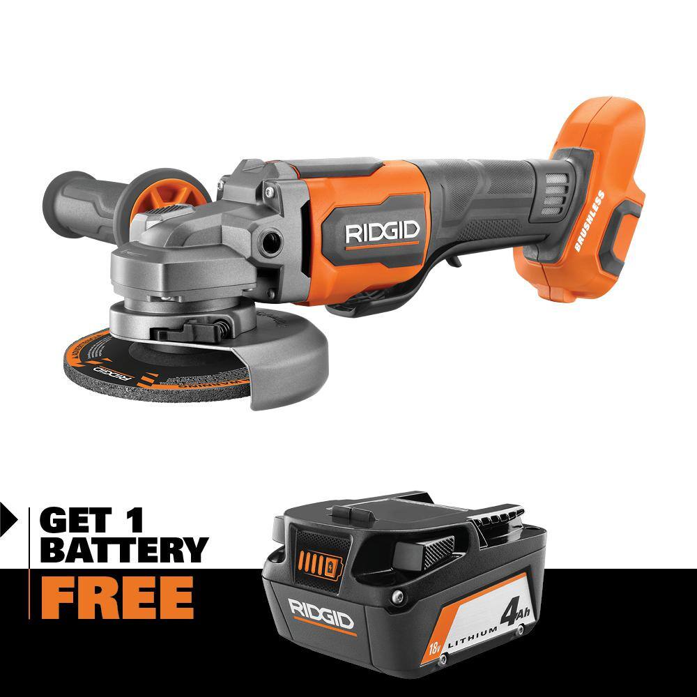 RIDGID 18V Brushless Cordless 4-12 in. Angle Grinder with 4.0 Ah Lithium-Ion Battery R86047B-AC87004