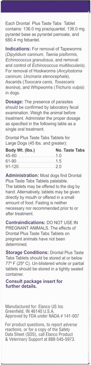 Drontal Plus Chewable Tablet for Large Dogs， over 45 lbs