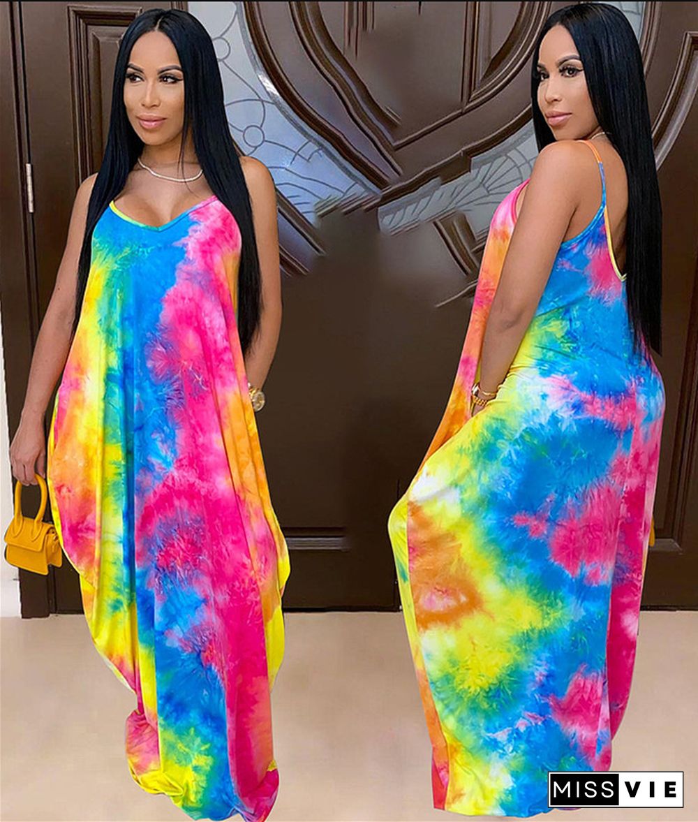 Fashion Tie-dye Print Floor-length Halter Dress