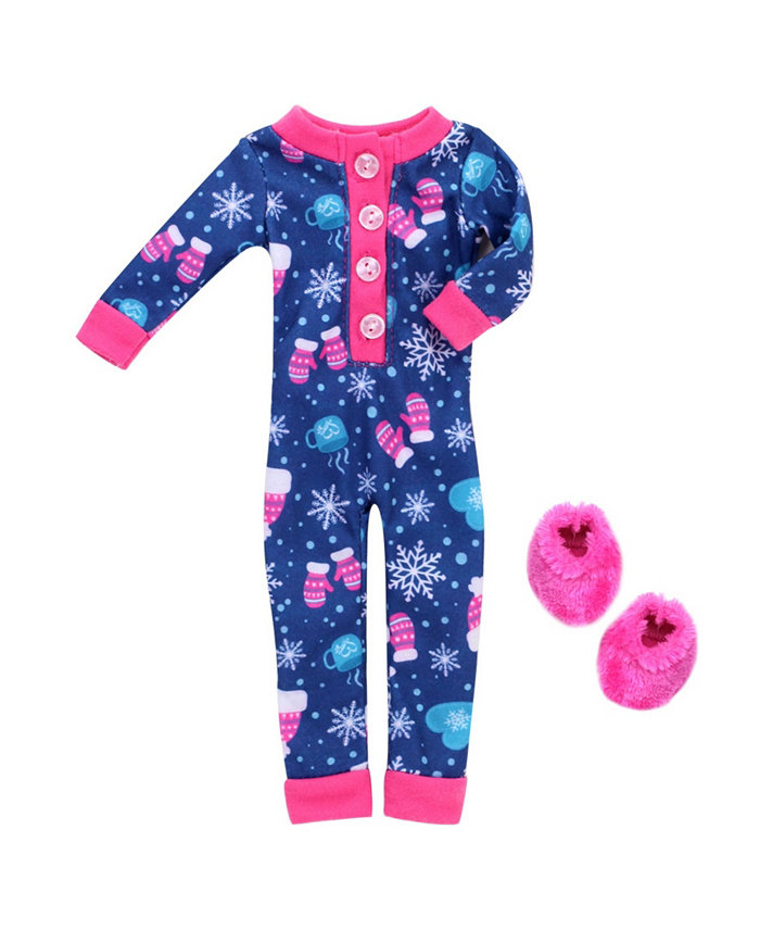 Teamson Kids - 14.5 Doll - Girl Winter Print One Piece Pajama Hot Pink Slippers Set  2 Piece