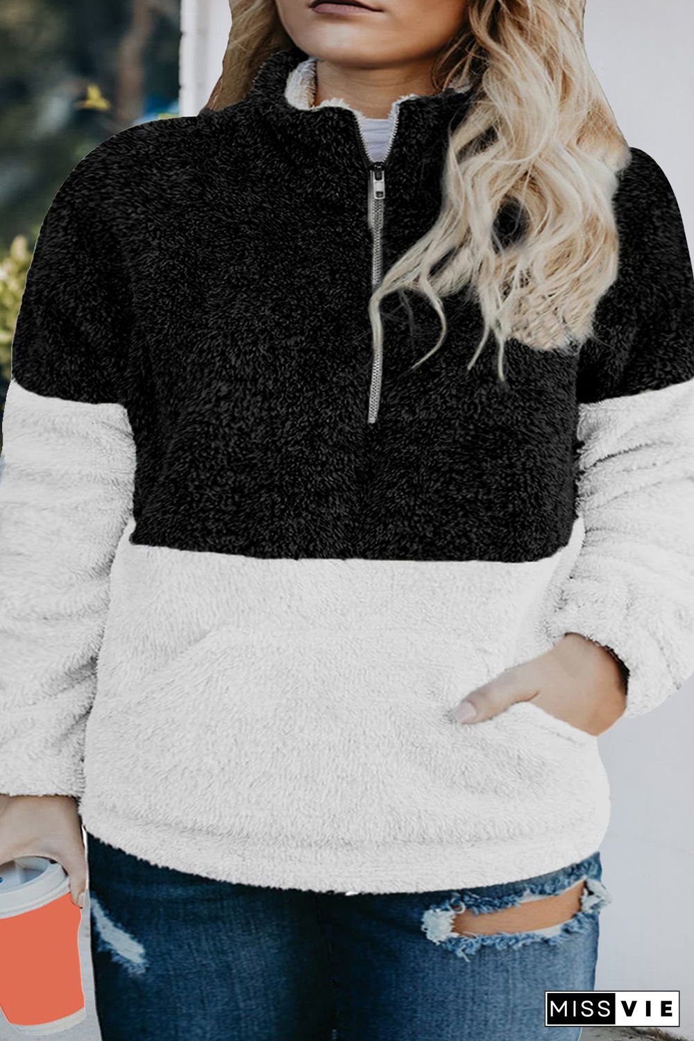 Black Colorblock Half Zipper Fleece Plus Size Sweatshirt with Pocket